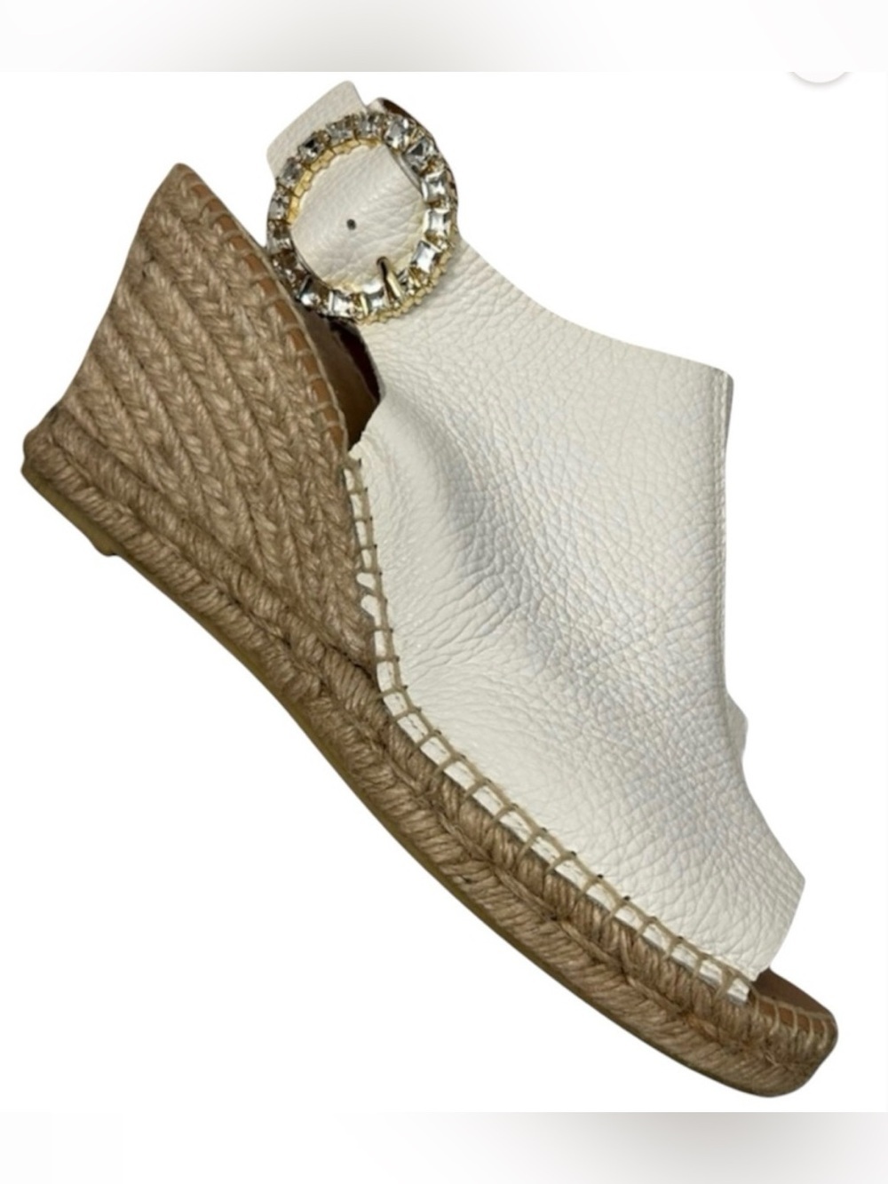 Maypol White Pebbled Leather Espadrille Wedge Sandals w/ Shinny Crystal 🤍 Buckle